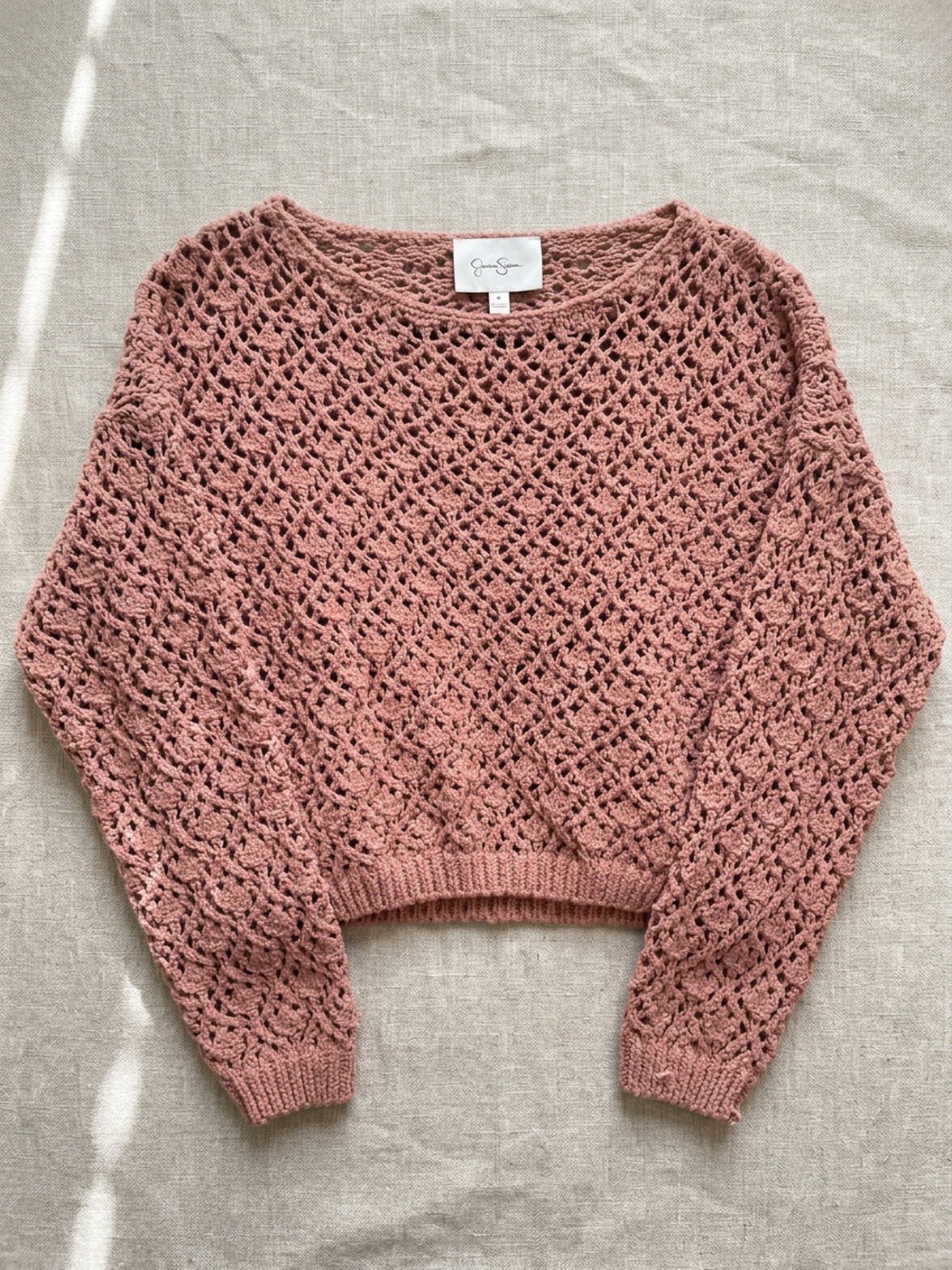 Jessica Simpson Dusty Rose Pink Crochet Open Knit Crop Sweater Medium